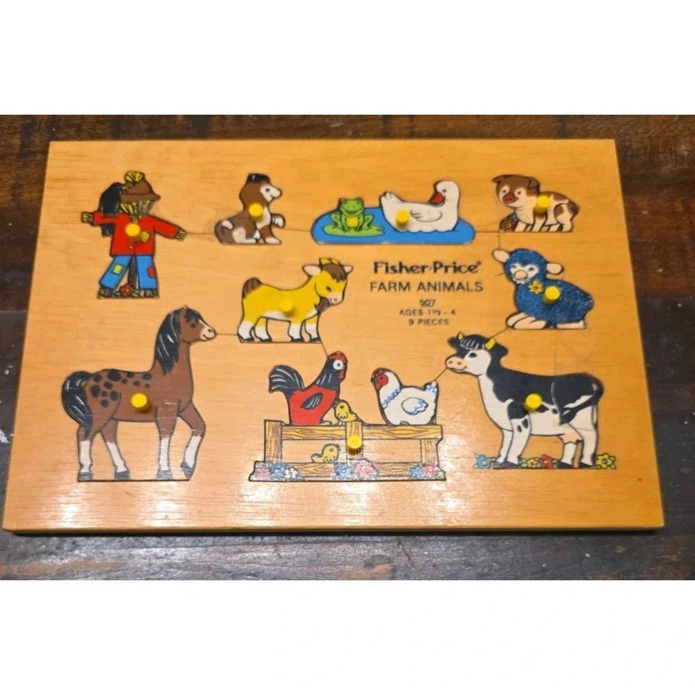 Vtg Wooden Peg Puzzle Lot Fisher Price Farm Animals School Bus Simplex Holland